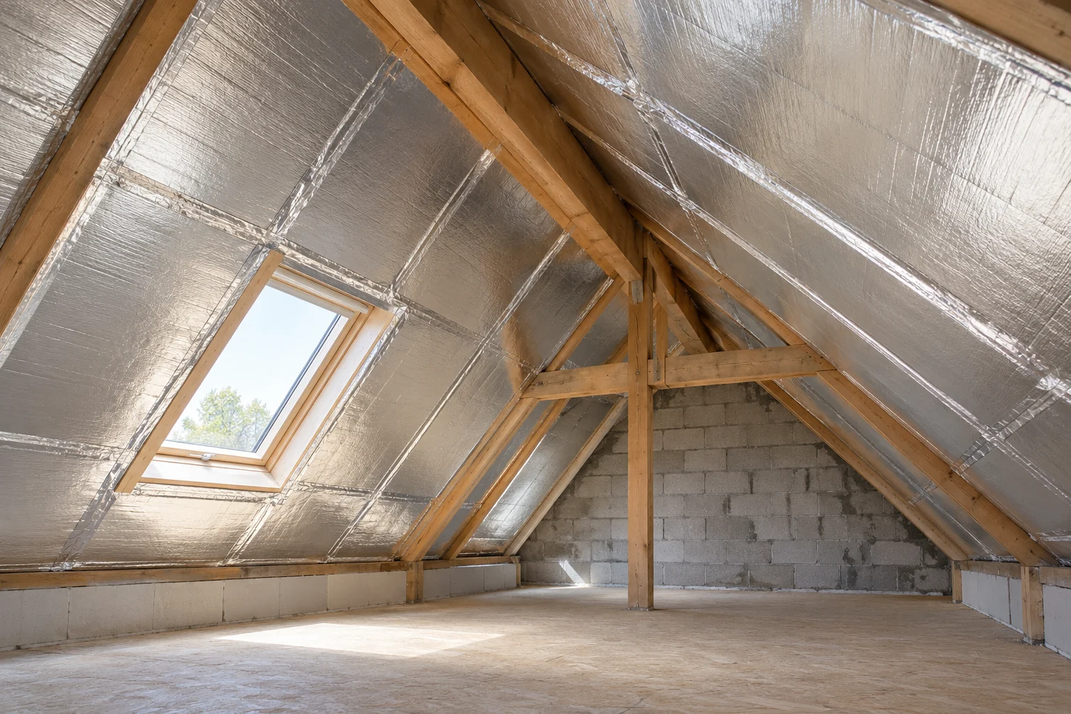 Combles dont les rampants sont isolés avec des panneaux rigides de polyuréthane à parement argenté