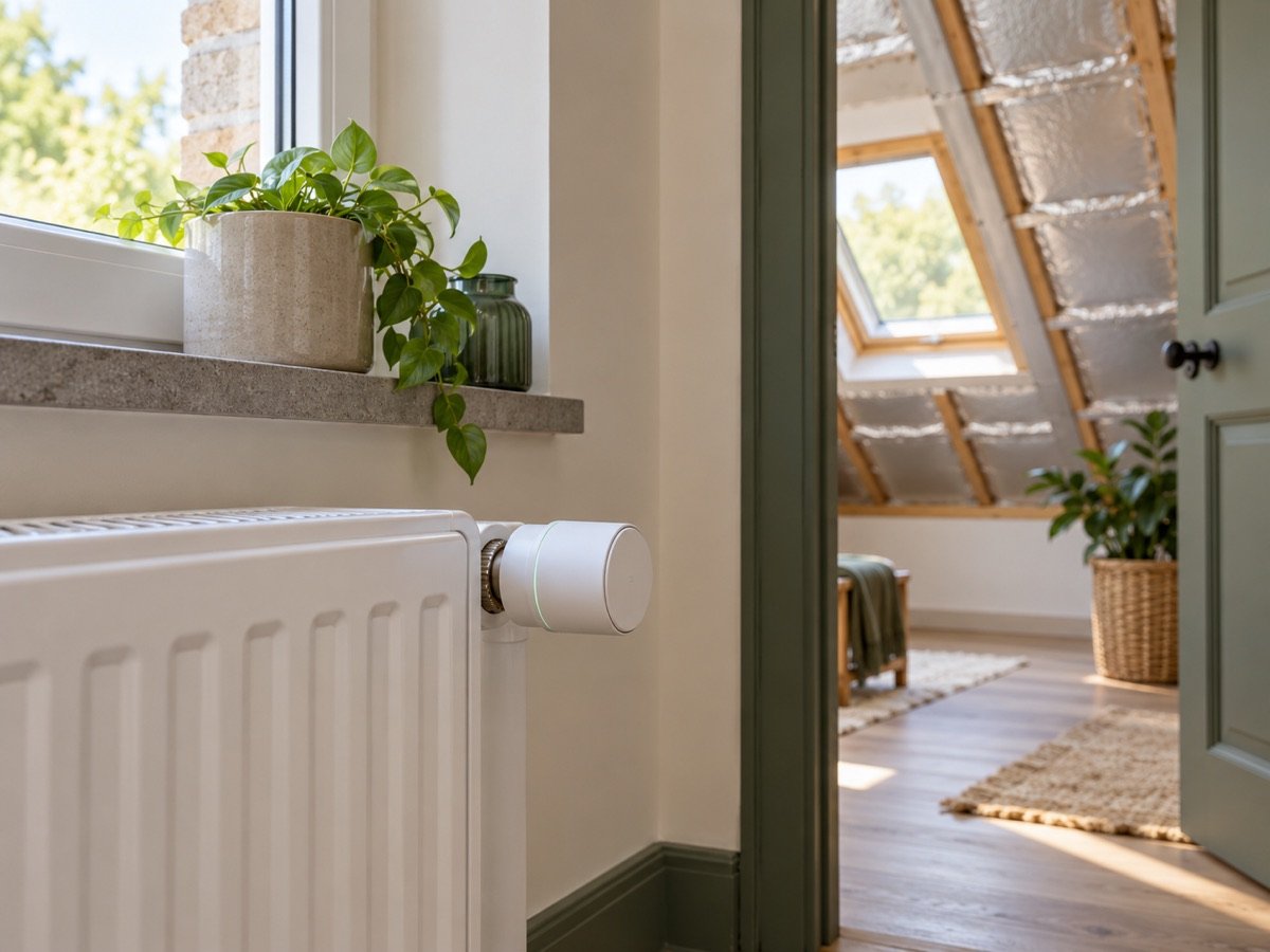 Tête connectée installée sur un radiateur, avec des combles isolés visibles à l’arrière-plan